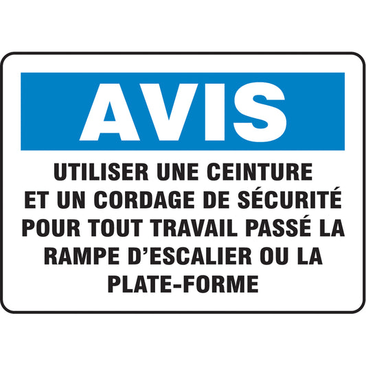 Accuform Signs "Utiliser une ceinture et un cordage de sécurité" Sign, 10" x 14", Vinyl, French