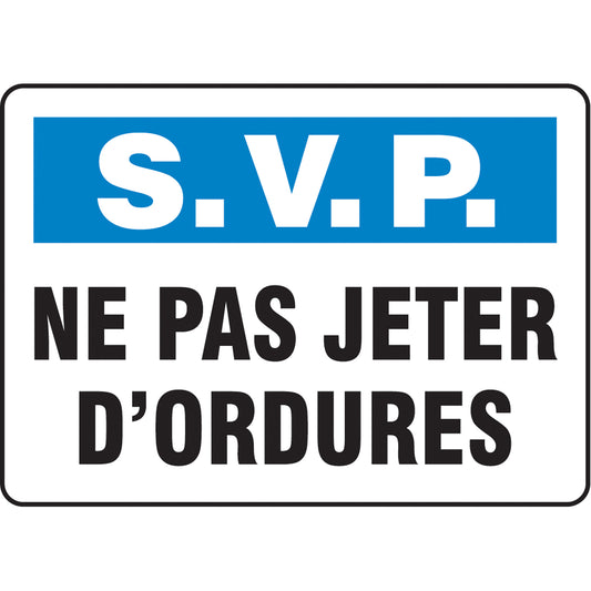 Accuform Signs "Ne pas jeter d'ordures" Sign, 7" x 10", Vinyl, French
