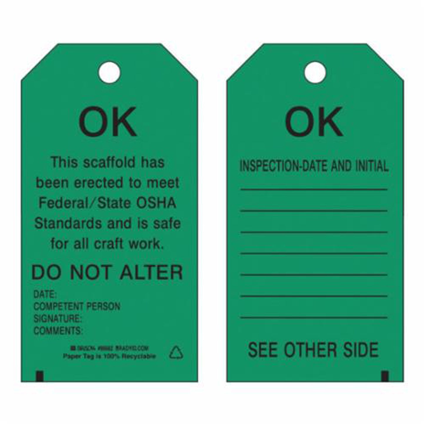 Brady Scaffold Safety Tags, Polyester, 3" W x 5-3/4" H, English