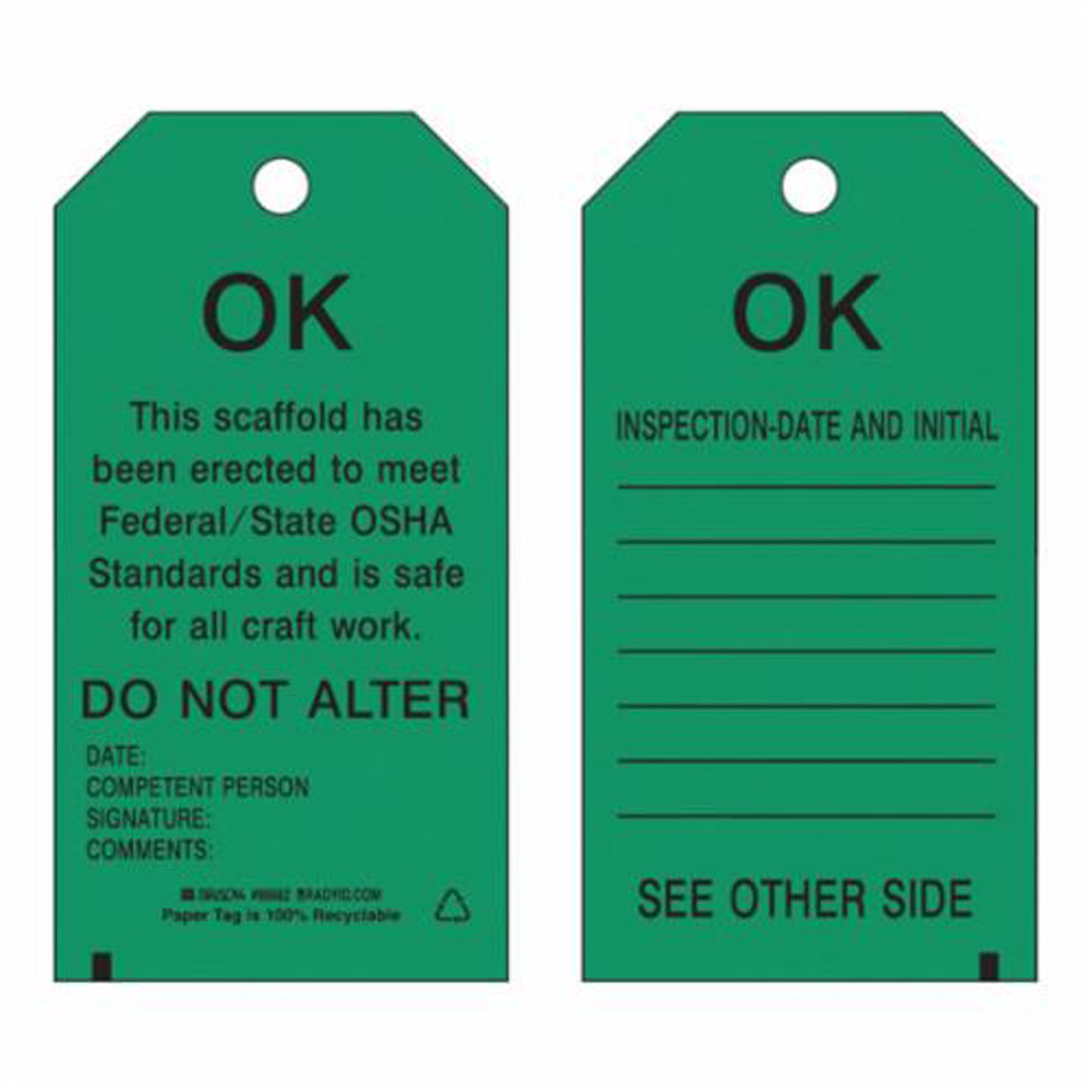 Brady Scaffold Safety Tags, Polyester, 3" W x 5-3/4" H, English