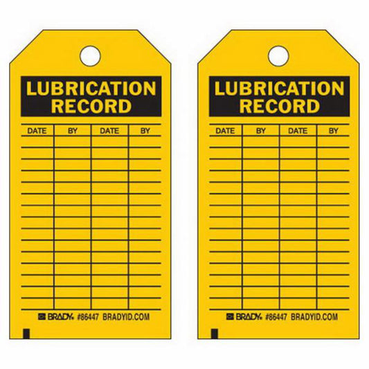 Brady Lubrication Record Tags, Polyester, 3" W x 5-3/4" H, English