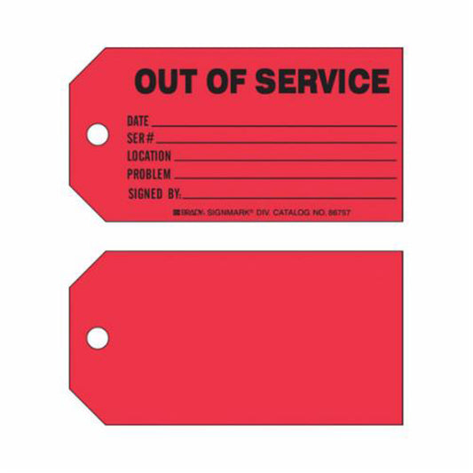 Brady "Out of Service" Production Tag, Paper, 5-3/4" W x 3" H, English