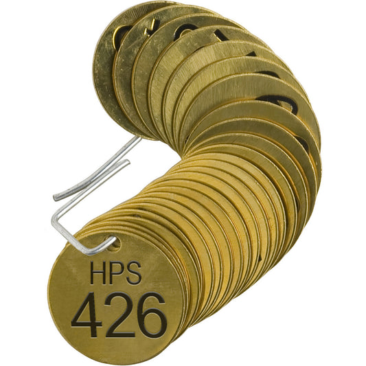 Brady Numbered "HPS" Valve Tags, # 426-450, Brass, 1.5" dia