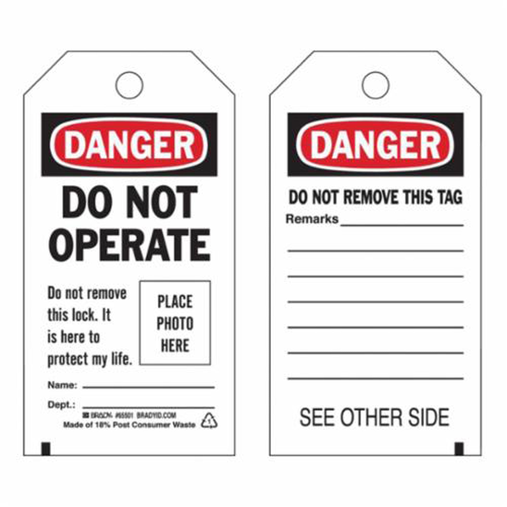 Brady Self-Laminating "Do Not Operate" Tags, Polyester, 3" W x 5-3/4" H, English