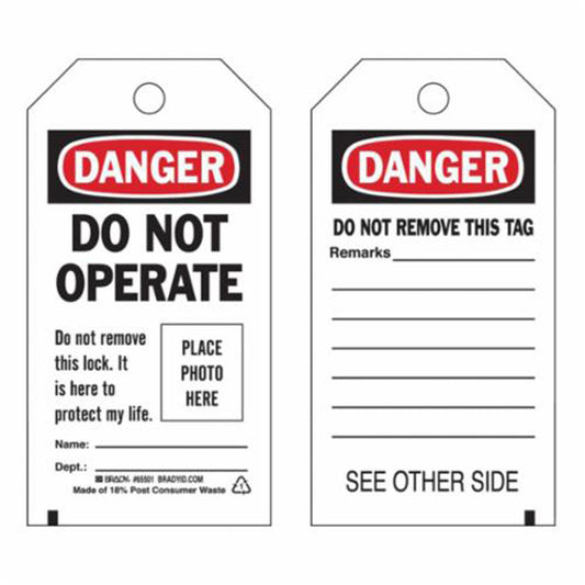 Brady Self-Laminating "Do Not Operate" Tags, Polyester, 3" W x 5-3/4" H, English