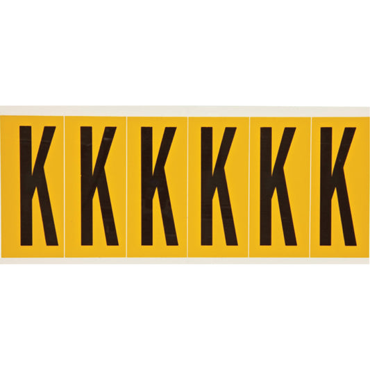 Brady Individual Number and Letter Labels, K, 3" H, Black on Yellow