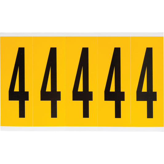 Brady Individual Number and Letter Labels, 4, 4" H, Black on Yellow