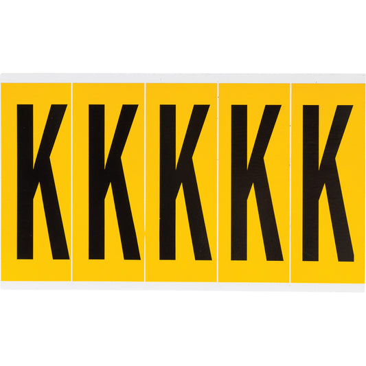 Brady Individual Number and Letter Labels, K, 4" H, Black on Yellow