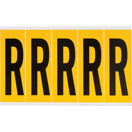 Brady Individual Number & Letter Labels, R, 4" H, Black on Yellow