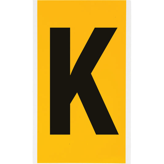Brady Individual Number and Letter Label, K, 6" H, Black on Yellow