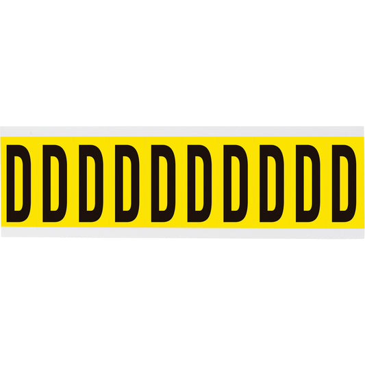 Brady Repositionable Individual Number and Letter Labels, D, 2" H, Black on Yellow