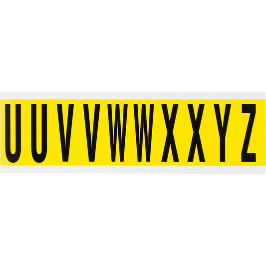 Brady Repositionable Individual Number and Letter Labels, U/V/W/X/Y/Z, 2" H, Black on Yellow