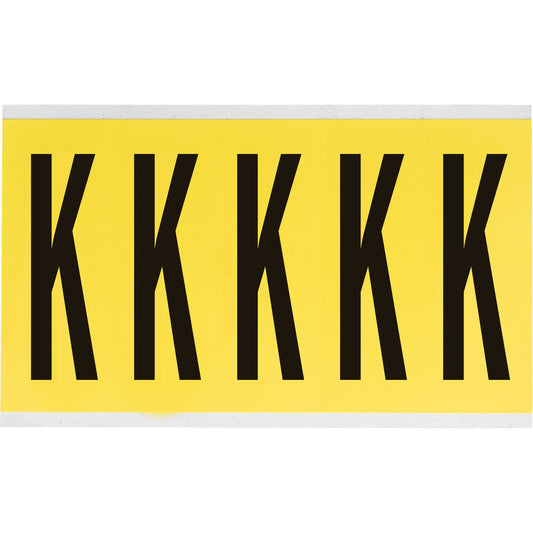 Brady Repositionable Individual Number and Letter Labels, K, 4" H, Black on Yellow