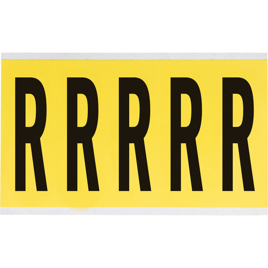 Brady Repositionable Individual Number & Letter Labels, R, 4" H, Black on Yellow