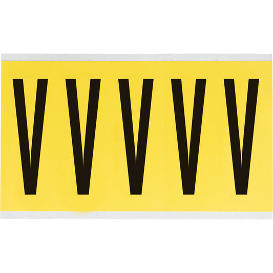 Brady Repositionable Individual Number & Letter Labels, V, 4" H, Black on Yellow