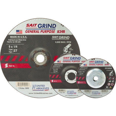 A24R Long Life Grinding Wheel, 4-1/2" x 1/4", 7/8" Arbor, Aluminum Oxide, Type 27