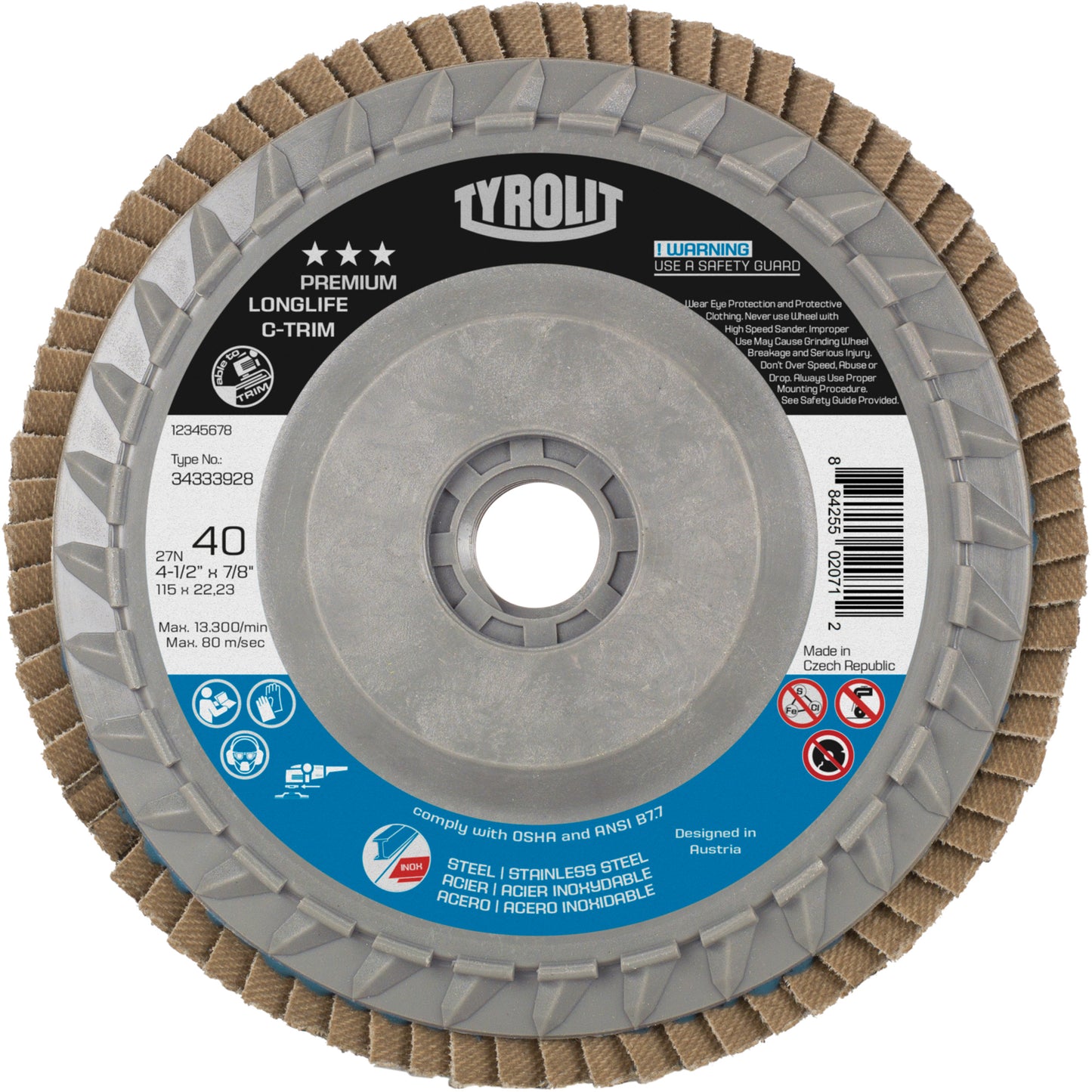 Long Life C-Trim Flap Disc, 5" x 5/8"-11, Type 27, 60 Grit, Zirconia Alumina