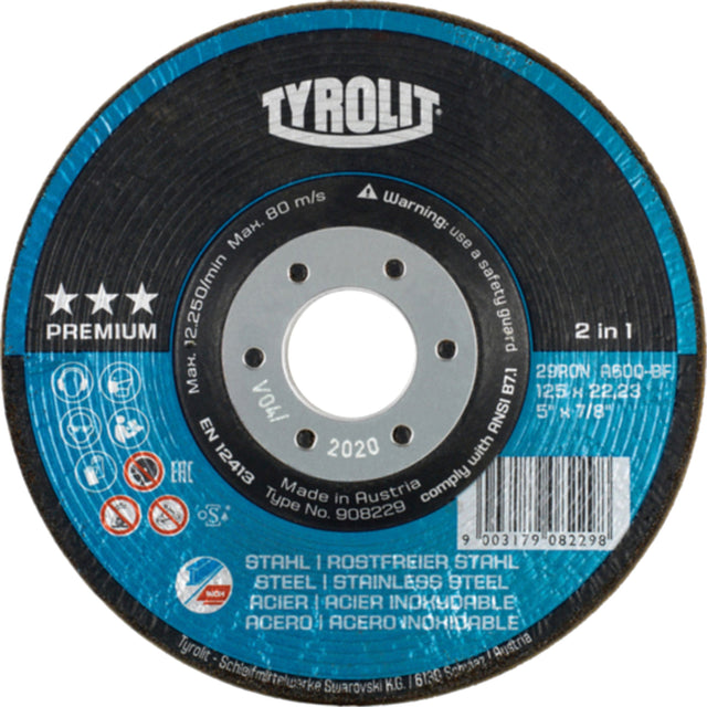 Rondeller Depressed Centre Grinding Wheel, 4-1/2", 36 Grit, 7/8", 13300 RPM, Type 29