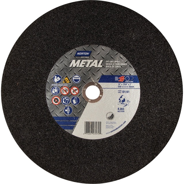 Metal A Chop Saw Cut-Off Wheel, 14" x 3/32", 1" Arbor, Type 01/41, Aluminum Oxide, 4365 RPM