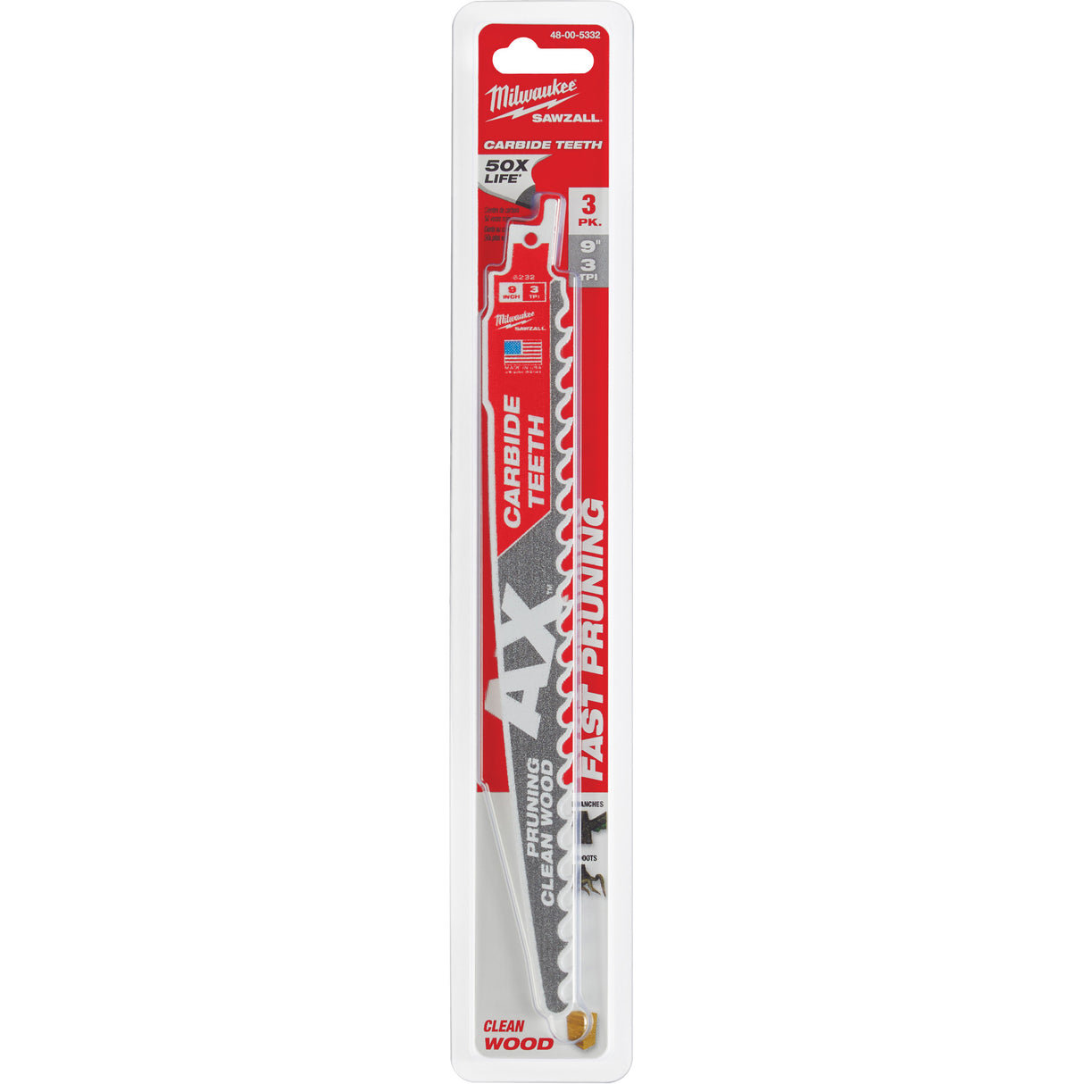 The Ax™ Sawzall® Blade for Pruning & Clean Wood, Carbide, 3 TPI, 9" L x 1" W