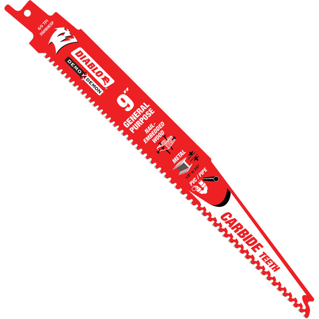General-Purpose Reciprocating Saw Blade, Carbide, 6-9 TPI, 9" L x 1" W