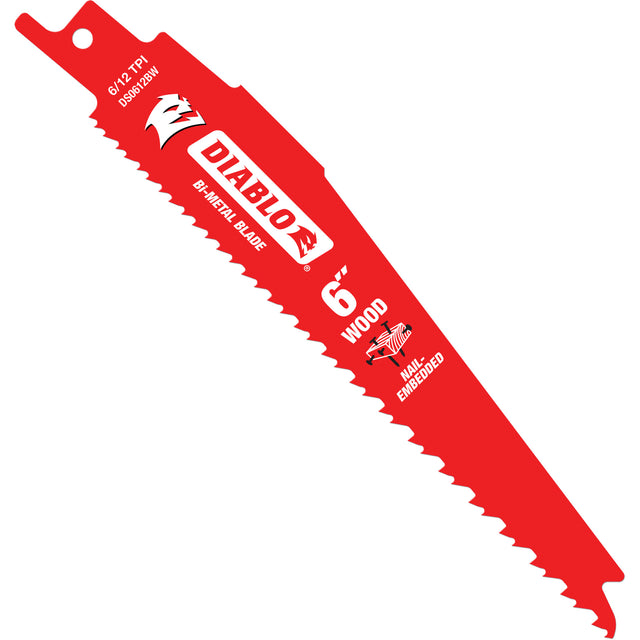 Reciprocating Saw Blade for Nail Embedded Wood, Bi-Metal, 6-12 TPI, 6" L x 1" W