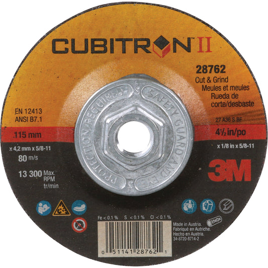 Cubitron™ II Quick Change Cut & Grind Wheel, 4-1/2" x 1/8", 5/8"-11 Arbor, Type 27, Ceramic