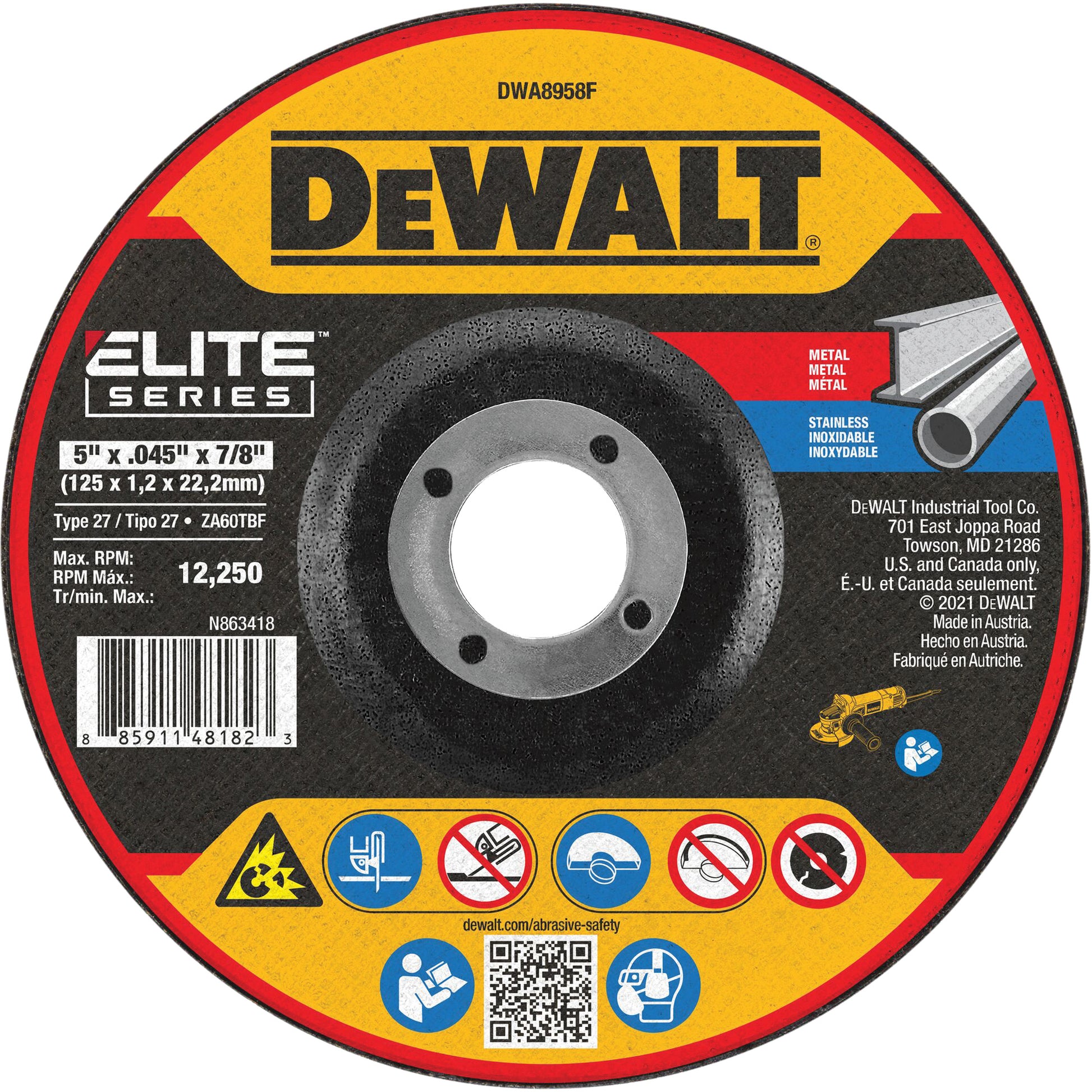 Elite™ Series Metal Cut-Off Wheel, 5" x 0.045", 7/8" Arbor, Zirconia Alumina, Type 27