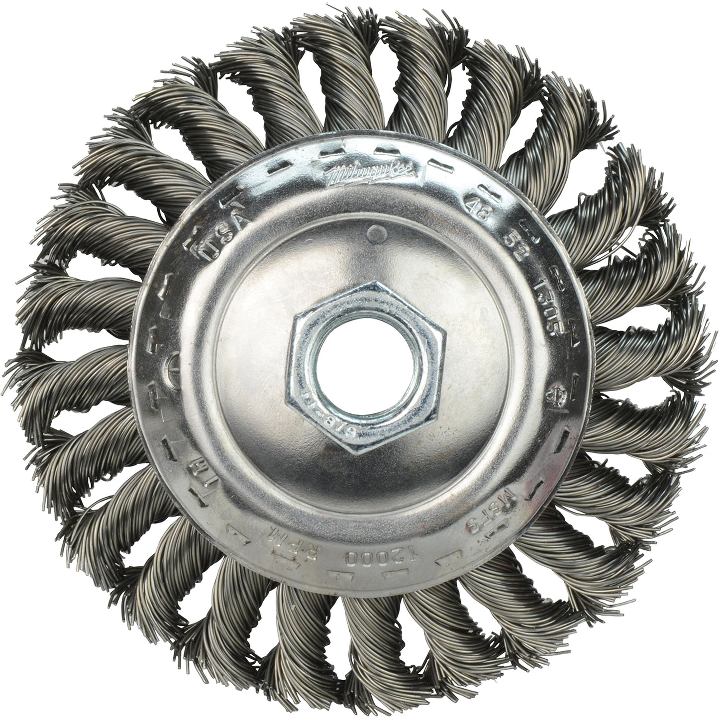 Bevel Knot Brush, 4" Dia., 0.023" Fill, 5/8"-11 Arbor