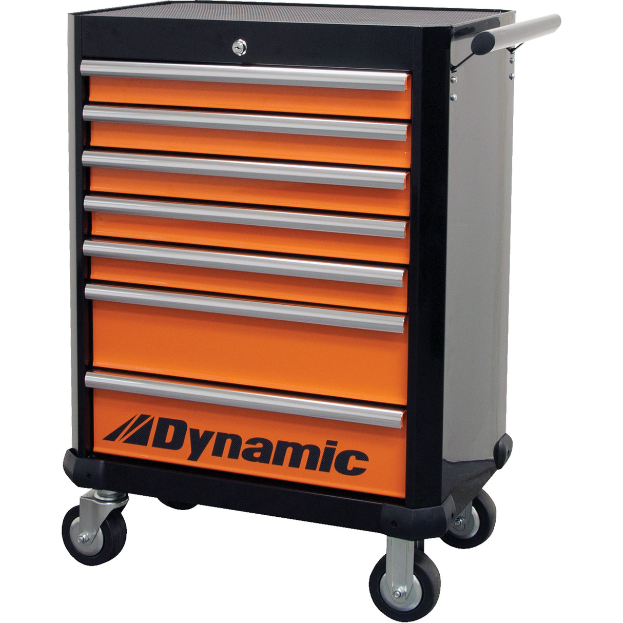 Roller Cabinet, 7 Drawers, 28" W x 18" D x 40" H, Black/Orange