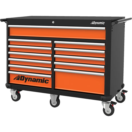 Roller Cabinet, 12 Drawers, 53" W x 24" D x 41" H, Black/Orange