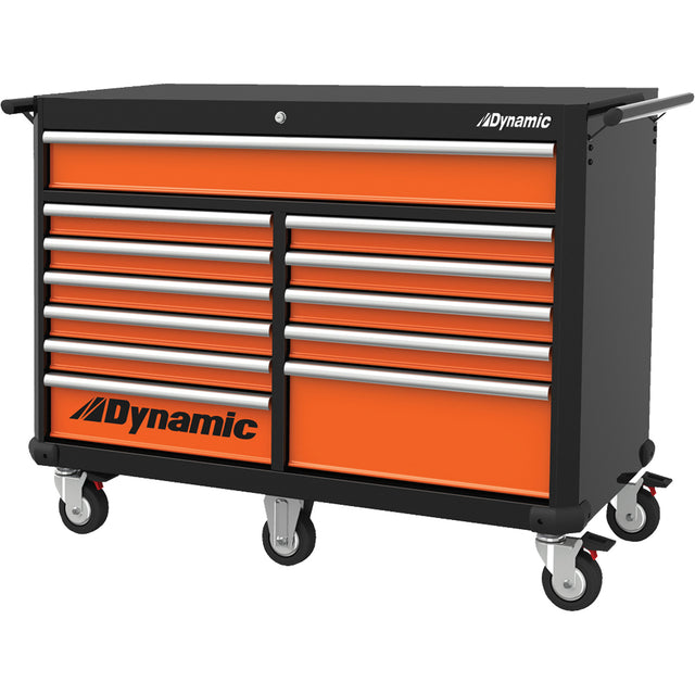 Roller Cabinet, 12 Drawers, 53" W x 24" D x 41" H, Black/Orange