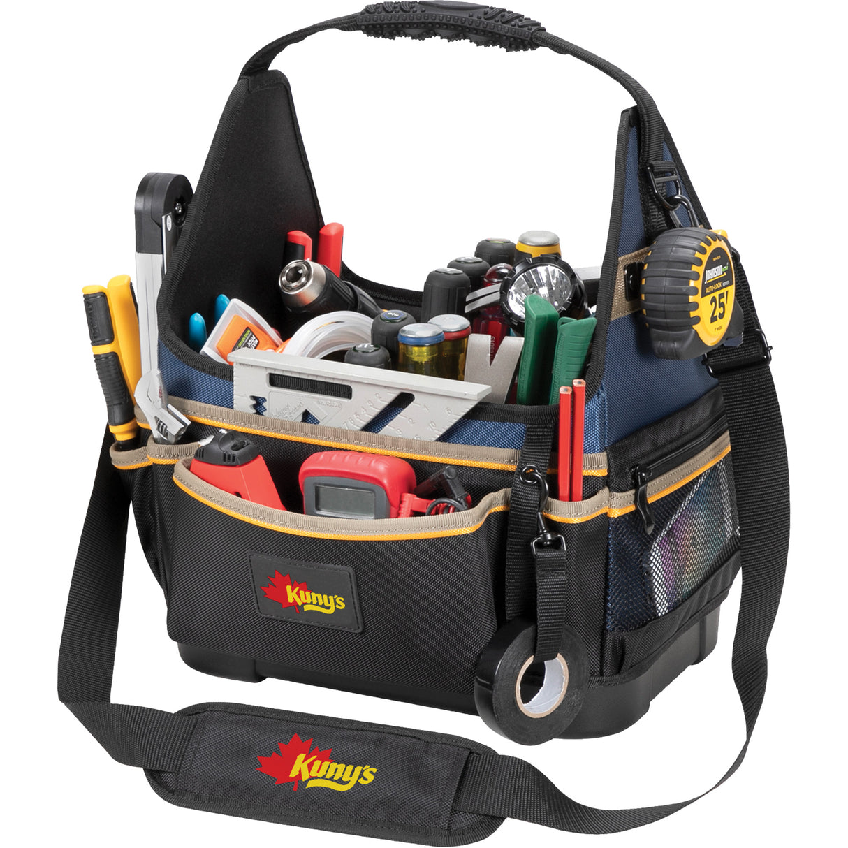 Molded Base Electrical/HVAC Tool Carrier, Ballistic Polyester, 20 Pockets, Black/Blue