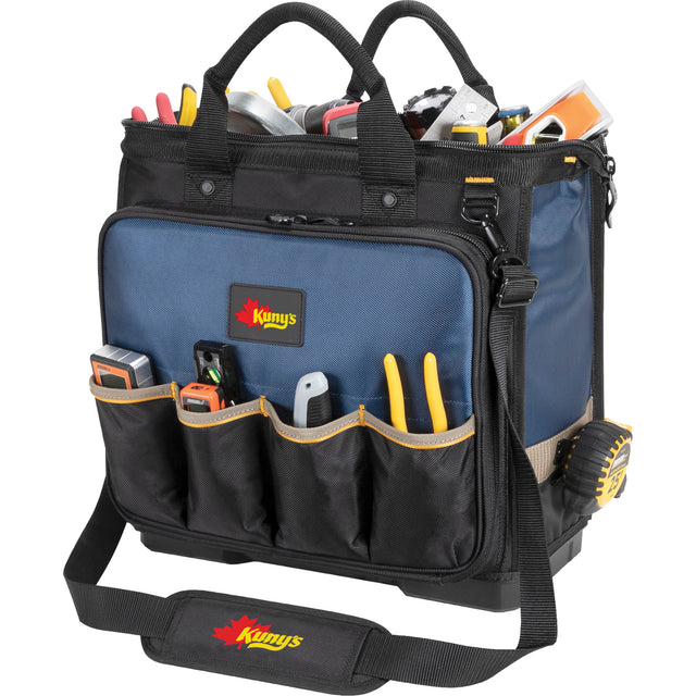 Molded Base Multi-Compartment Technician's Tool Bag, Ballistic Polyester, 54 Pockets, Black/Blue