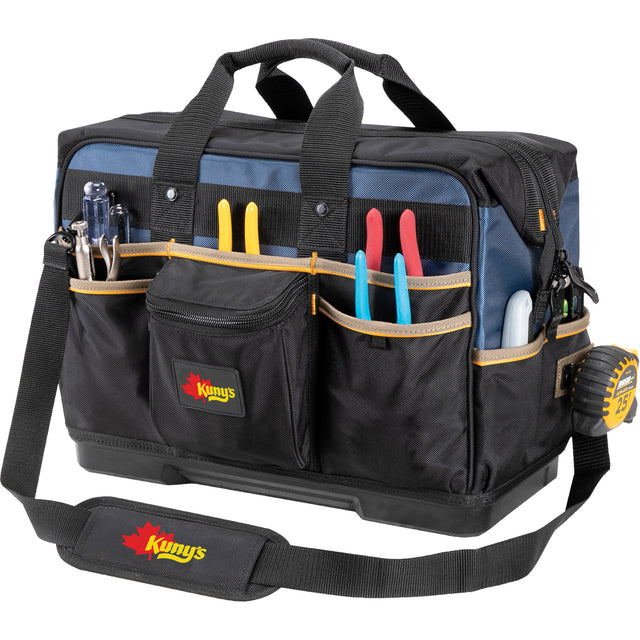 Molded Base Contractor's Closed-Top Tool Bag, Ballistic Polyester, 29 Pockets, Black/Blue