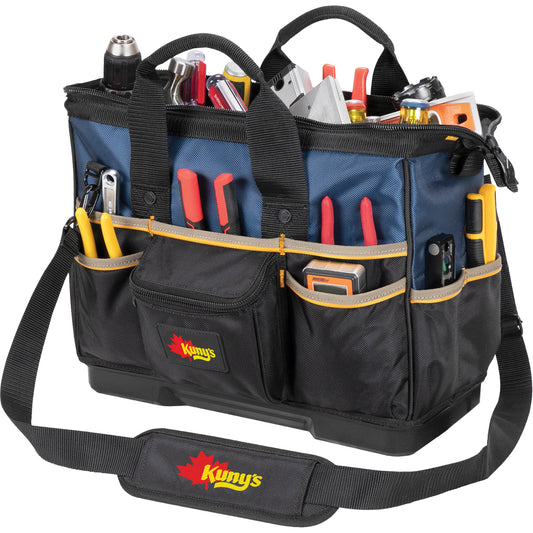 Molded Base Big-Mouth Tote Tool Bag, Ballistic Polyester, 23 Pockets, Black/Blue