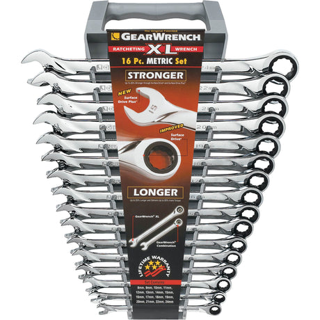 Extra-Long High-Performance Wrench Set, Combination, 16 Pieces, Metric