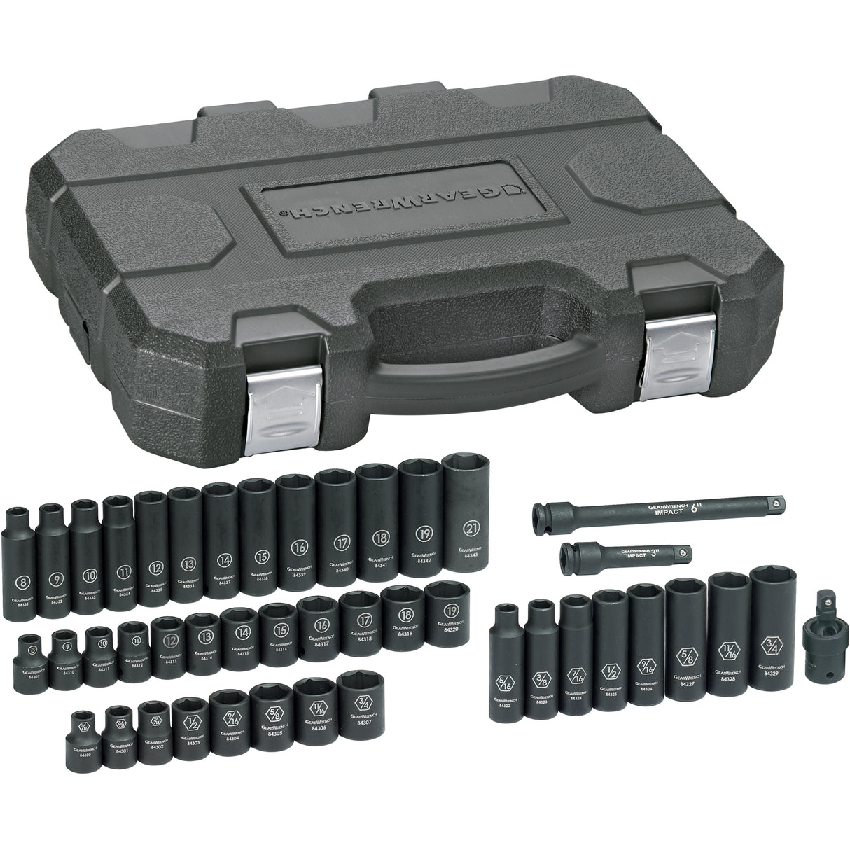 SAE/Metric Socket Set, 44 Pcs, Impact, 3/8" Drive Size, Deep