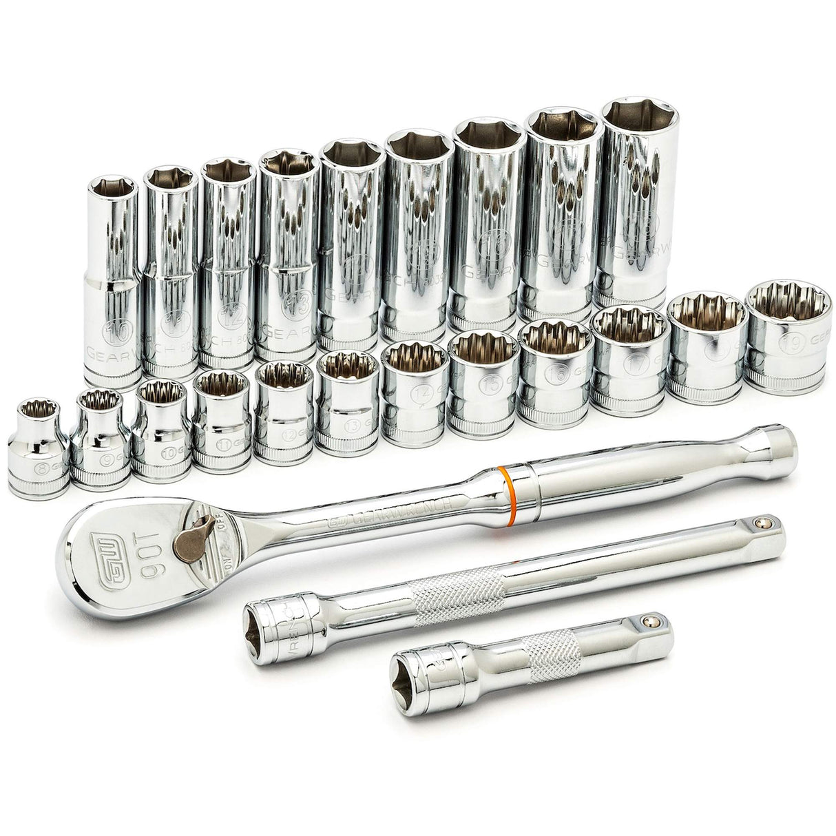 6 & 12 Point Metric Mechanics Tool Set, 24 Pcs, 3/8" Drive Size, Deep