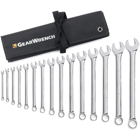 12-Point Long Pattern Wrench Set with Tool Roll, Combination, 15 Pieces, Imperial