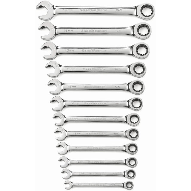 72-Tooth 12-Point Ratcheting Wrench Set, Open-Ended, 12 Pieces, Metric