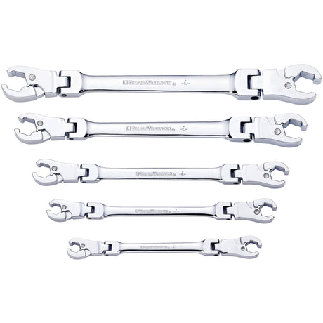 SAE Wrench Set, Flex Head/Ratcheting Flare Nut, 5 Pieces, Imperial