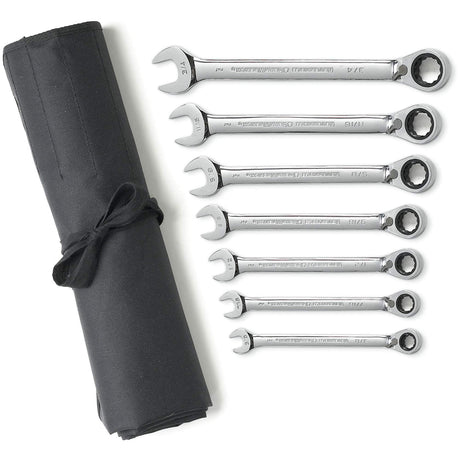 72-Tooth 12 Point Reversible Ratcheting SAE Wrench Set with Tool Roll, Combination, 7 Pieces, Imperial