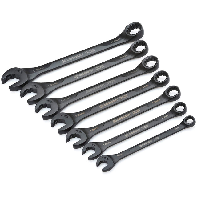 X6™ Black Oxide Spline Ratcheting Wrench Set, Combination/Open-Ended, 7 Pieces, Metric