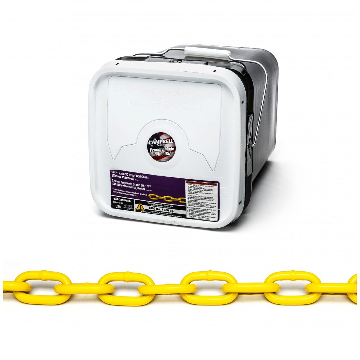 Proof Coil Chain, Low Carbon Steel, 1/4" x 75' (22.9 m) L, Grade 30, 1300 lbs. (0.65 tons) Load Capacity