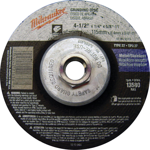 Grinding Wheel, 4-1/2" x 1/4", 5/8"-11 Arbor, Aluminum Oxide, Type 27