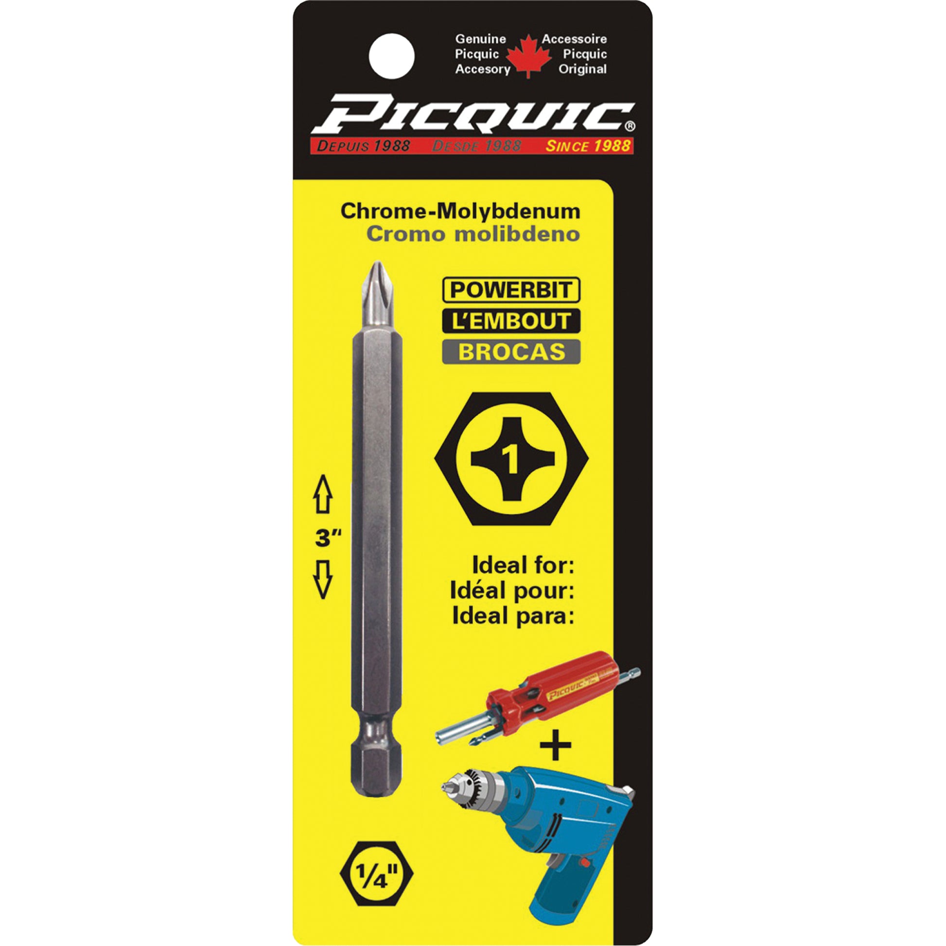Picquic® Powerbit, Phillips, #1 Tip, 1/4" Drive Size, 3" Length