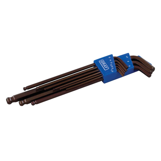 Extra Long Arm Ball Hex Key Set, 9 Pcs., Metric