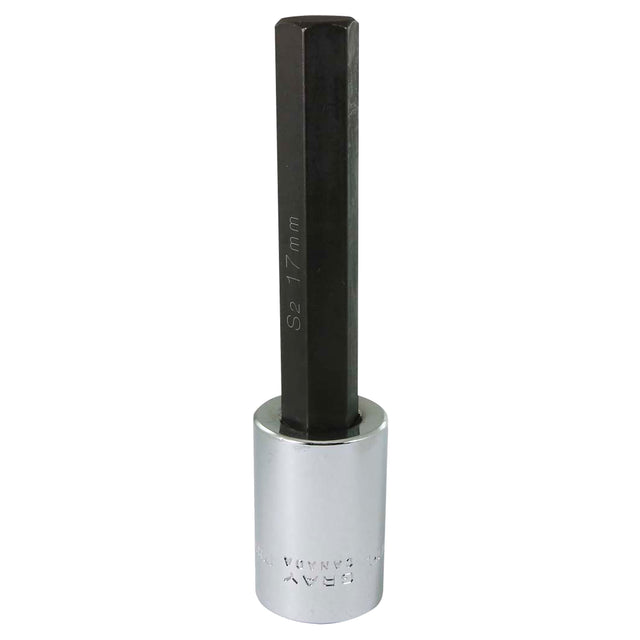 Extra Long Bit  Socket, Hex, 17 mm x 145 mm L, 1/2" Square Drive Drive