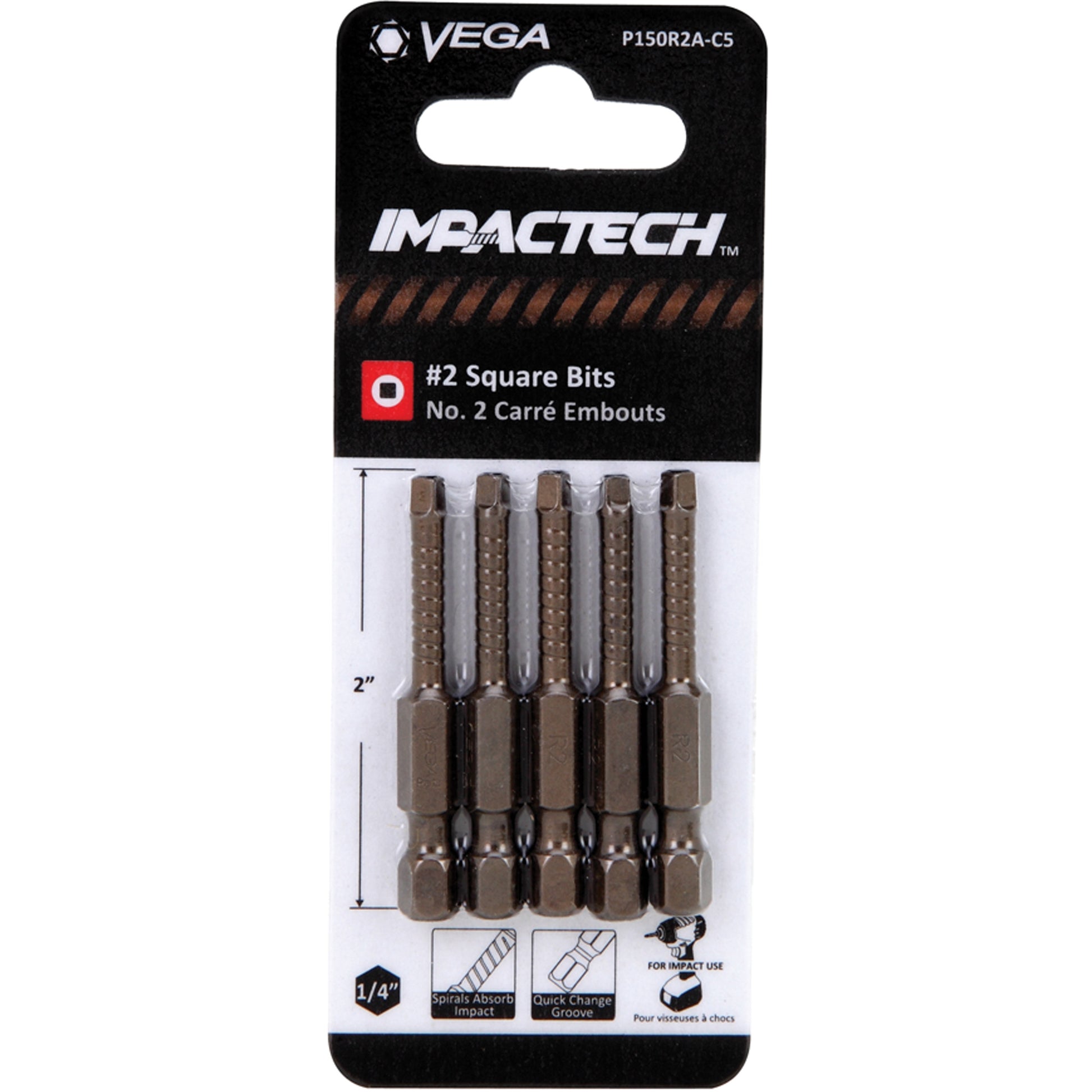 Impactech® Power Bits, Square, #2 Tip, 1/4" Drive Size, 2" Length